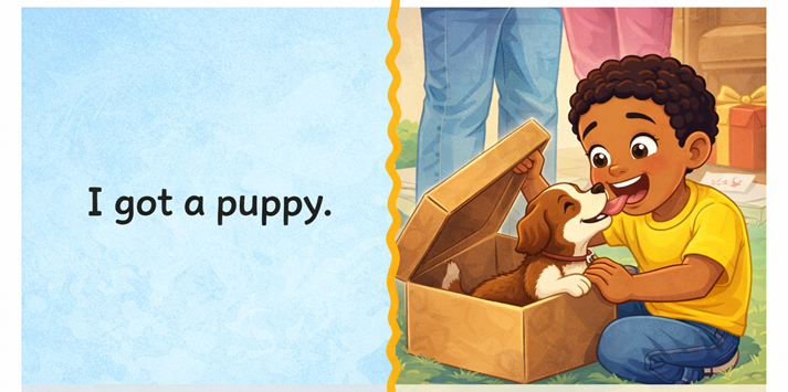 A split image showing a short sentence on one side and a detailed scene of a child opening a box with a puppy on the other